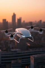Futuristic White Drone Hovering over Urban Sunset Cityscape - Technological Optimism and Innovation Concept