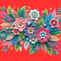 A colorful picture of flowers and leaves with