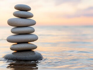 Tranquil Zen Stone Pyramid in Pastel Sky Reflection - Minimalist Balance and Harmony