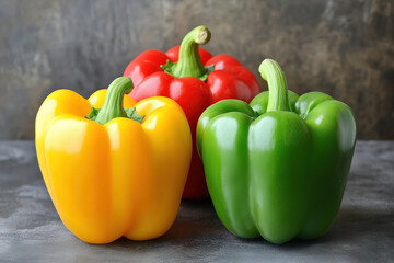 Colorful bell peppers arranged on a countertop showcasing vibrant hues and fresh produce in a natural setting. Generative AI