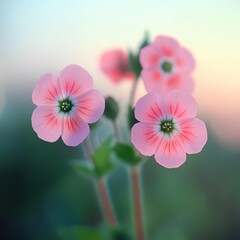 Delicate pink flowers bloom softly under the gentle light of early morning in nature's embrace