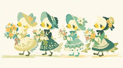 Naklejka premium Cute cartoon animal character wearing a dress while holding a flowers bouqet