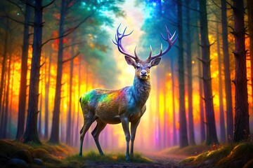 Reflected holographic deer in colorful forest sunset