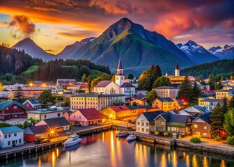 Surreal Panorama of Sitka, Alaska: Illumination of the Old Town at Sunset