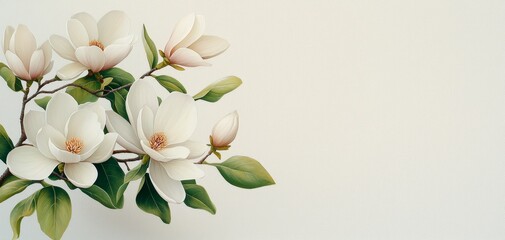 Obraz premium Ethereal Magnolia Blossom Delicate White Flowers on Textured Branch, Tranquil White Background - Romantic Botanical Art for Weddings and Decor