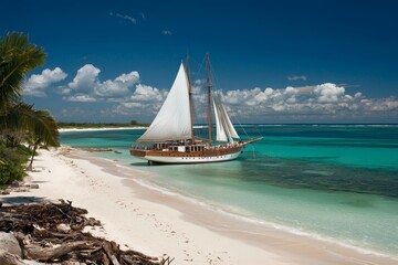 Obraz premium Tranquil Seaside Paradise Serene Wooden Sailboat Anchored in Turquoise Waters on Tropical Island Beach - Idyllic Coastal Getaway