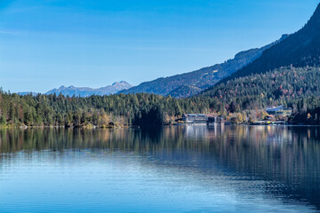 Autumn colors in fall at lake Eibsee, Garmisch-Partenkirchen, Bavarian alps, Germany