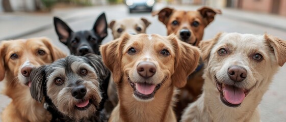 Joyful Canine Unity Close-Up of Seven Adorable Dogs with Bright Eyes Forming a Semi-Circle, Outdoor Setting with Blurred Car - Heartwarming Pet Friendship Concept