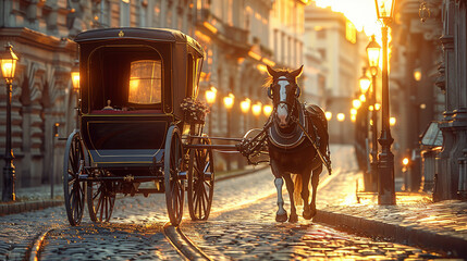 Timeless Elegance: Horse-Drawn Carriage on Cobblestone Streets