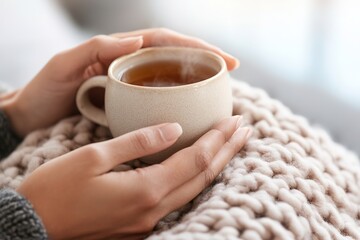 Hands cradling hot cup on cozy knitted blanket