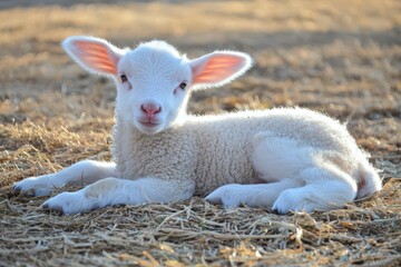 Obraz premium A playful lamb resting on golden hay under the warm sun on a serene pasture in springtime