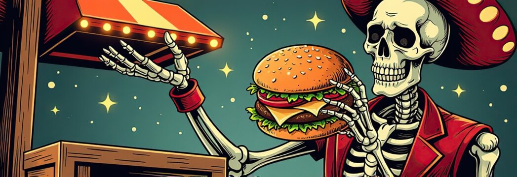 Skeleton is holding a cheeseburger. Mexican holiday Day of the Dead and restaurant mascot. Halloween themed dishes. Comic cartoon pop art retro illustration