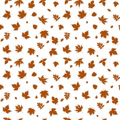 Seamless pattern with brown autumn leaves silhouettes on white background. Autumn design with natural elements suitable for textiles, wallpaper, packaging and decorative projects.