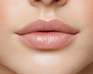 Fototapeta premium Sensual Pink Lips Closeup, Soft Beige Skin, Beauty, Sensuality, Beauty Product Concept