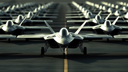 Fighter Jets Lined Up on Runway	