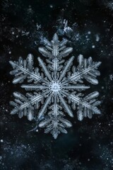 Intricate Winter Jewel - Closeup Crystal Snowflake on Dark Night Sky Background Serene Seasonal Beauty