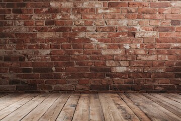 Rustic Charm Closeup of Weathered Red Brick Wall and Wooden Floor, Vintage Textures for Design Projects and Backgrounds