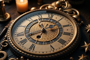 Fototapeta premium A clock with Roman numerals sits on a table by a candle