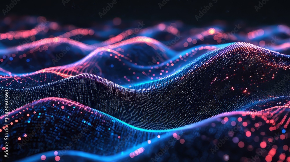 Wall mural abstract digital data background. wave with moving dots. musical stream of sounds. 3d rendering. big