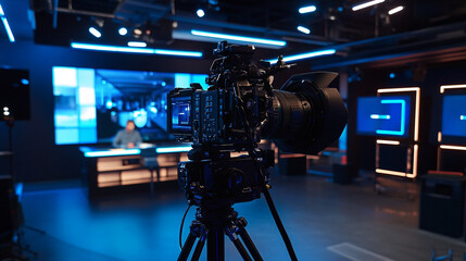 Professional Video Camera on Tripod in a Modern Studio