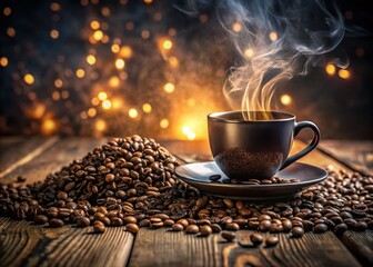 Surreal Steaming Cup of Black Coffee with Glimmering Coffee Beans on Rustic Wooden Table