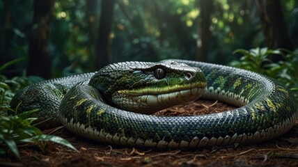 Fototapeta premium A green snake with yellow stripes is coiled on the forest floor, looking directly at the viewer.