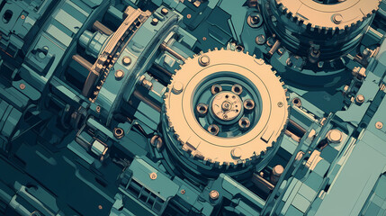Fototapeta premium Machine part with intricate details, engineering precision, blueprint backdrop, flat design illustration. Steampunk Illustration. Illustration