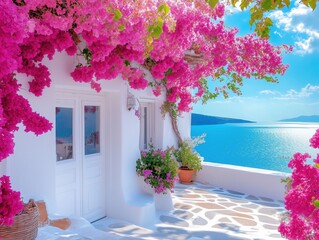 White Building with Pink Flowers by Sea	