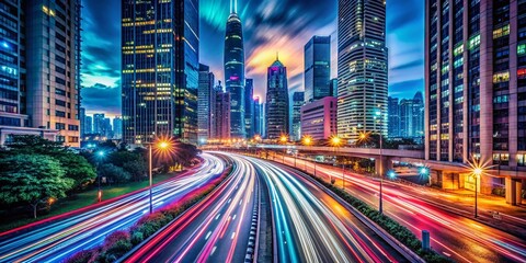 Fototapeta premium Surreal Timelapse of Urban Traffic Flow in a Vibrant Cityscape at Night