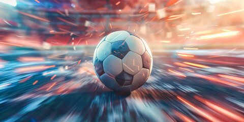 Fototapeta premium Soccer ball is flying through the air with a lot of sparks and debris. Concept of excitement and energy, as if the ball is in the midst of a thrilling game