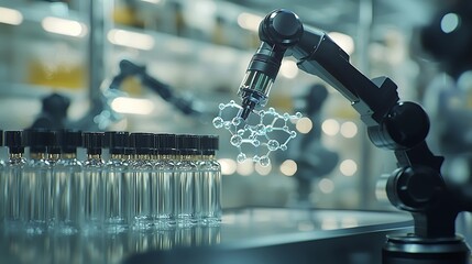Robotic Arm in Futuristic Pharmaceutical Laboratory