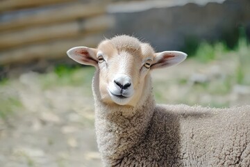 A young sheep gazes curiously while grazing in a tranquil countryside pasture