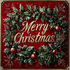 Merry Christmas Gold Foil Design with Holly Berries