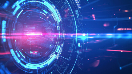 Obraz premium Moderner futuristischer Hintergrund in leuchtendem Blau. Digitales Tech-Design mit abstrakten Linien, Matrix-Elementen und Netzwerkstrukturen. Hochtechnologie-Konzept für Cybersecurity