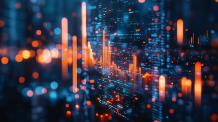 Fototapeta premium Abstract glowing big data forex candlestick chart on blurry city backdrop. trade, technology, investment and analysis concept. Big Data. Ultra realistic. Photorealistic