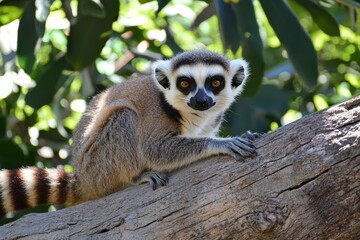 Obraz premium Curious lemur resting on a tree branch in a lush green environment