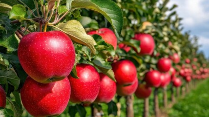 Fresh red apples hanging on trees in a vibrant orchard under a blue sky.