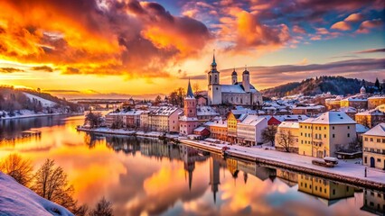 Fototapeta premium Surreal Winter Sunset Over Passau, Bavaria - Enchanting Evening Sky and Snow-Covered Landscape