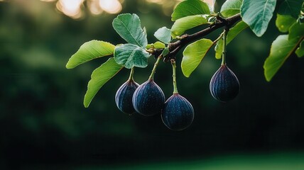 Ripe figs hanging from a branch with lush green leaves in soft natural light.