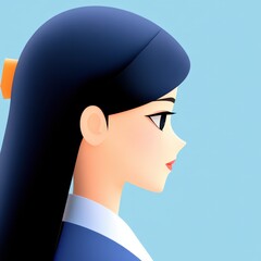 A graceful side profile of a young woman with long hair on a light blue background