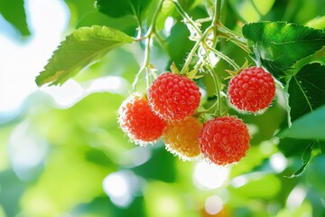 Vibrant red raspberries hanging from lush green branches in a sunlit garden