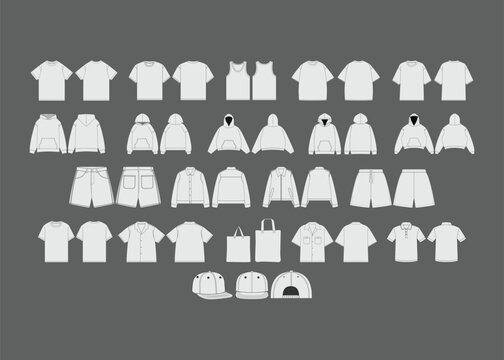 Streetwear Essentials Mockup Pack, Fashion Flat Sketch Templates for Designing - Clothing Brand