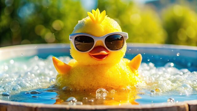 Playful Tweety bird enjoying relaxing time in hot tub with sunglasses