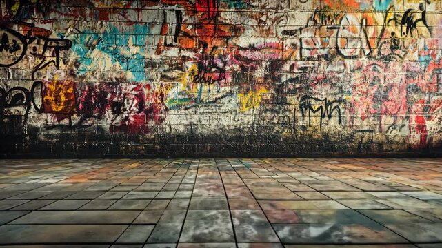 A brick wall covered in colorful graffiti in an urban alleyway