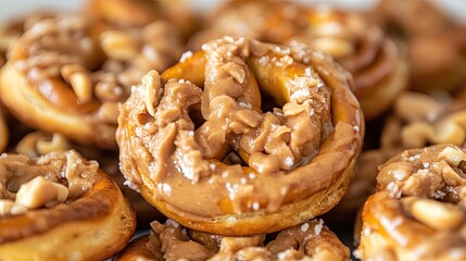 A close-up of peanut butter-filled pretzels, highlighting the crunchy exterior and creamy filling.