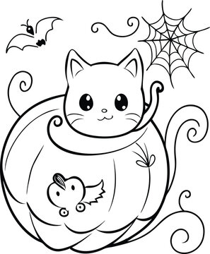 black and white cat in pumpkin clip art preview