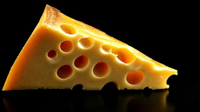 A wedge of Swiss cheese sits on a black surface