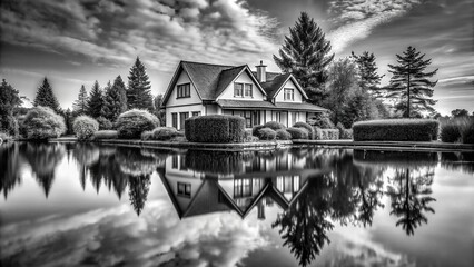 Reflected house with trees and shrubs in black and white
