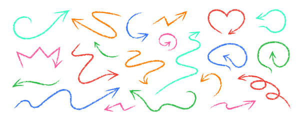 Crayon Arrows Squiggle Vector Set. Chalk Scribble Pointer Shapes Collection. Colorful Hand Drawn Brush Texture Spiral Swirls. Pencil Emphasis Elements Charcoal Doodle Curved Symbols Bundle