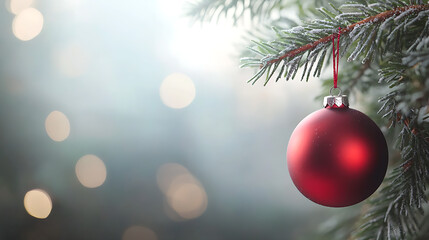 Fototapeta premium Single Red Christmas Ornament on Evergreen Branch with Bokeh Lights